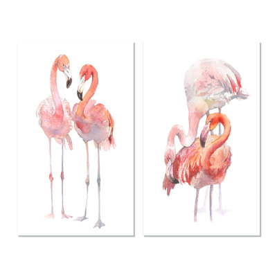 " Pink Flamingos On White II " 2 - Pieces