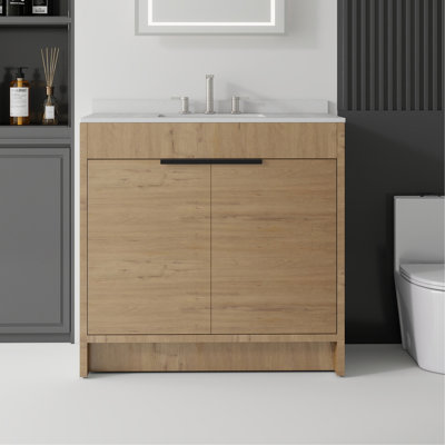 36 Inch Freestanding Bathroom Vanity with Sink, Soft-Close Door, 0.6-IN Granite White Cultured Marble Countertop Top & Backsplash,Plywood, Oak