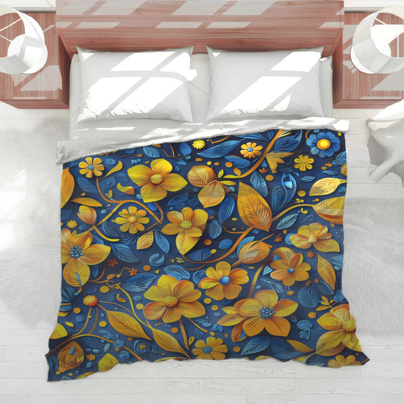 Édredon à motif floral jaune et bleu, Grand lit