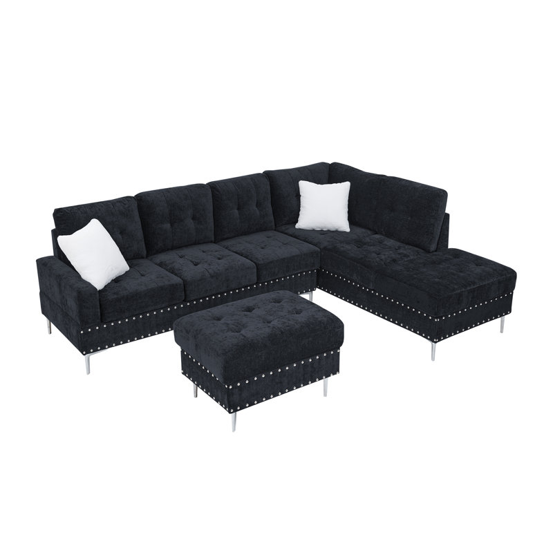 Sectional 3-Seaters Sofa With Chaise, Storage Ottoman, Metal Legs And Copper Nails,Two White Pillows,Navy Bule(102" X 76" X35")