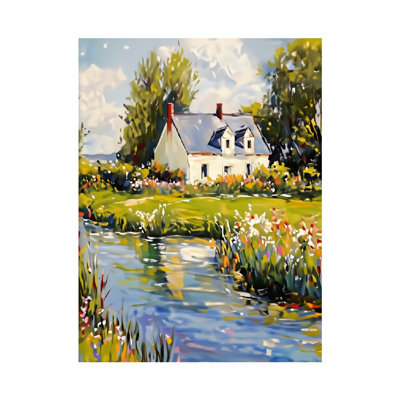 Impressionist Cottage By Stream, Unframed Wall Art, 36Lx24w