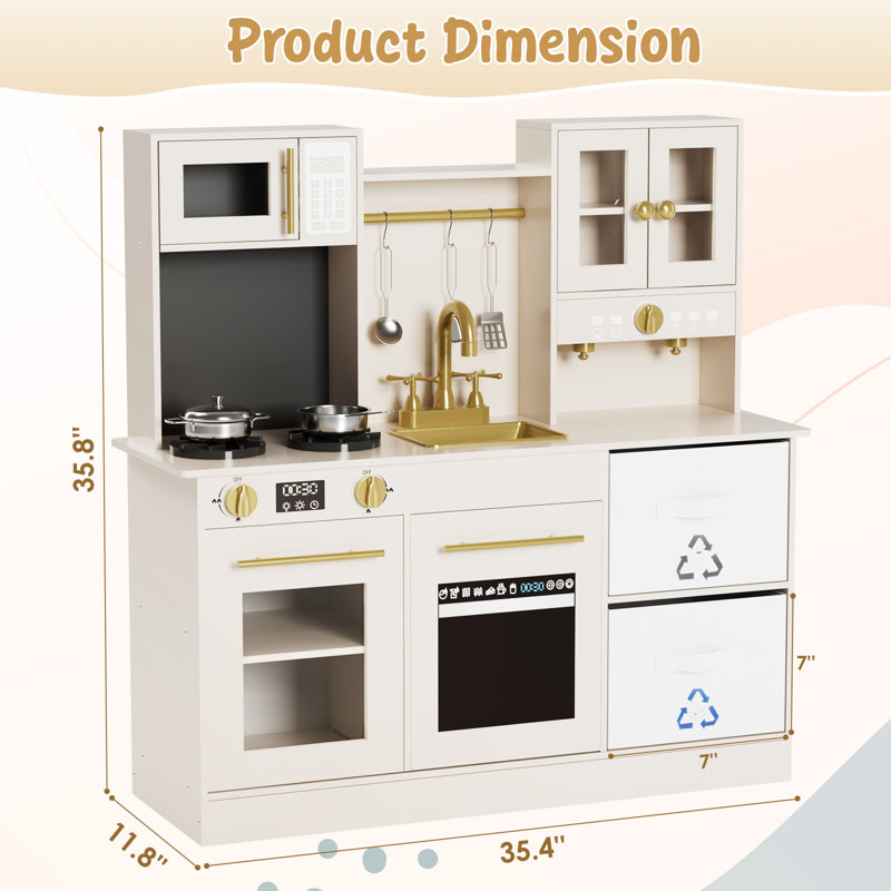 Kids Play Kitchen, Wooden Pretend Toy Kitchen, Toodler Cooking Playset, Stove W/light & Sound, Sink, Microwave, 2 Fabric Boxs, Dishwasher