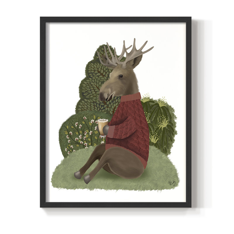 Latte Moose dans un chandail, reproduction encadrée - bois massif, Noir, H 20 po x l 16 po