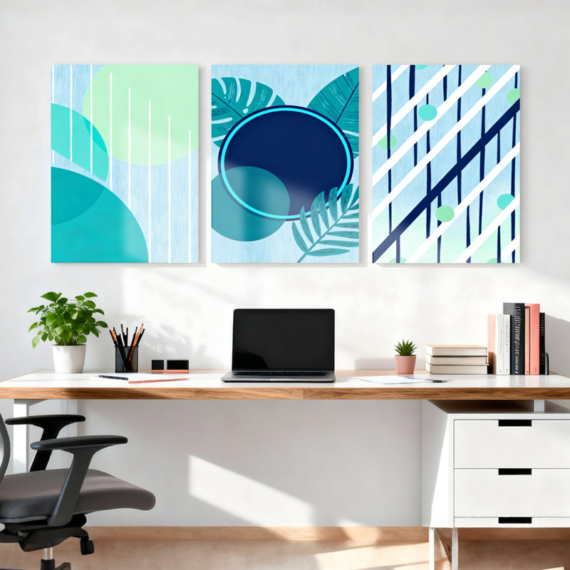 Abstrait géométrique et feuille tropicale tendue sur toile, impression minimaliste moderne (ensemble de 3), H 18 po x l 36 po