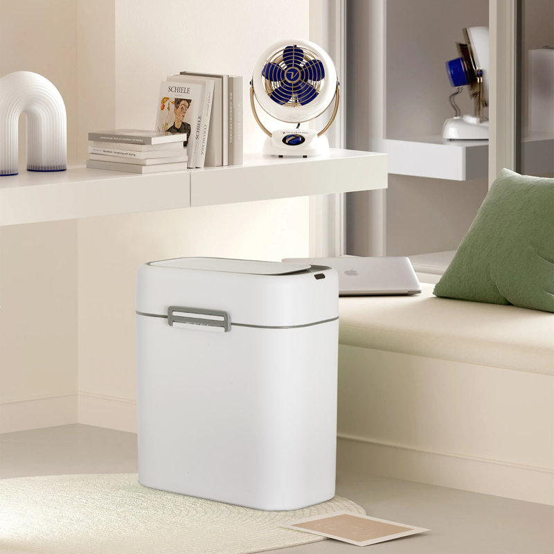 White Touchless Rectangular Plastic Trash Can with Quiet Close Lid