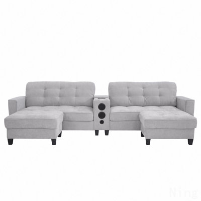 Modern Sectional Sofa 126" U-Shaped Sectional Sofa Modular Sectional Couch With Movable Storage Ottomans, Multifunctional Console, Bluetooth Speakers And Led Lights For Living Room, Light Grey