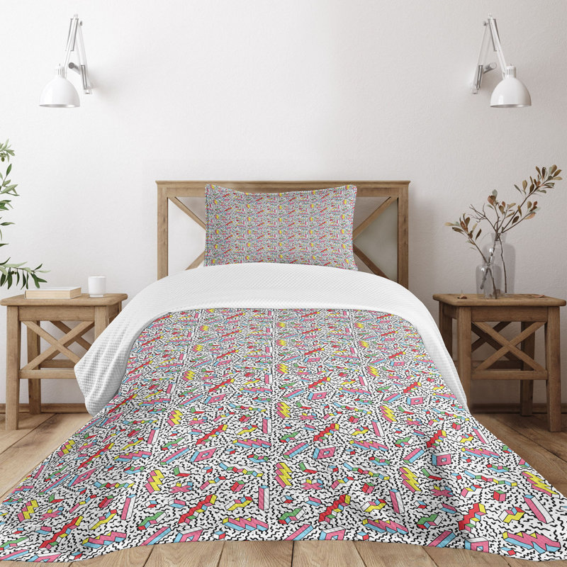 Ambesonne Funky Bedspread Set Memphis 90s 3D Shapes Multicolor, Twin Bedspread + 1 Standard Sham
