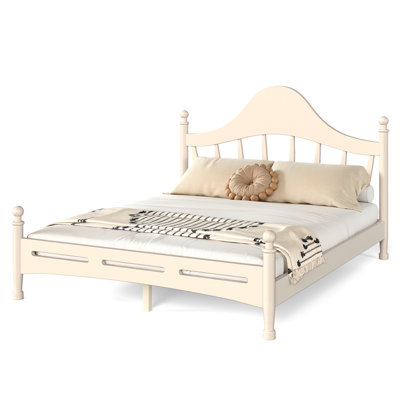 Queen Size Platform Bed with Chic Headboard, Solid Wood BED Frame with Slatted Support, No Box Spring Needed and Low to Ground Design, Beige