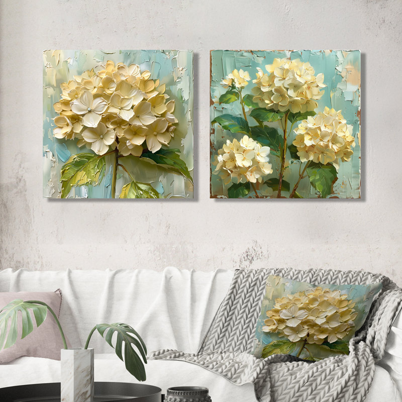 Vintage rétro hortensia beige «Blooms I» - art mural hortensia - ensemble d'art mural traditionnel 2 pièces, Toile tendue