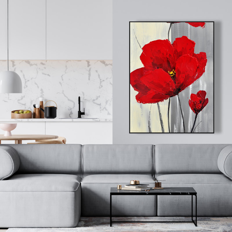 Fleurs rouges sur fond gris - art floral sur toile