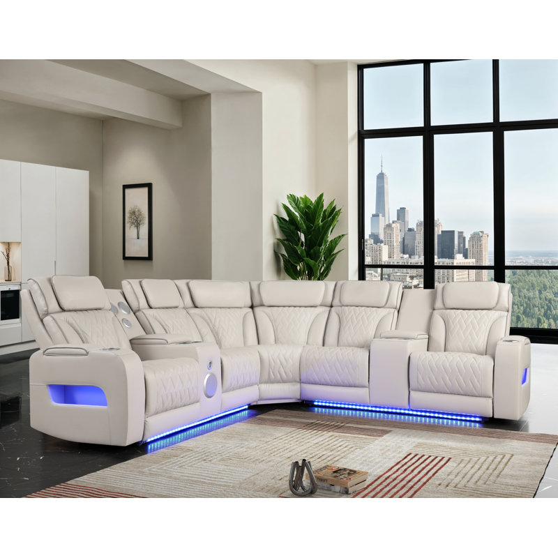 Hofstetter Sectional Sofa Power Reclining Leather Aire with Bluetooth Speakers and LED Lights, Ice Faux Leather