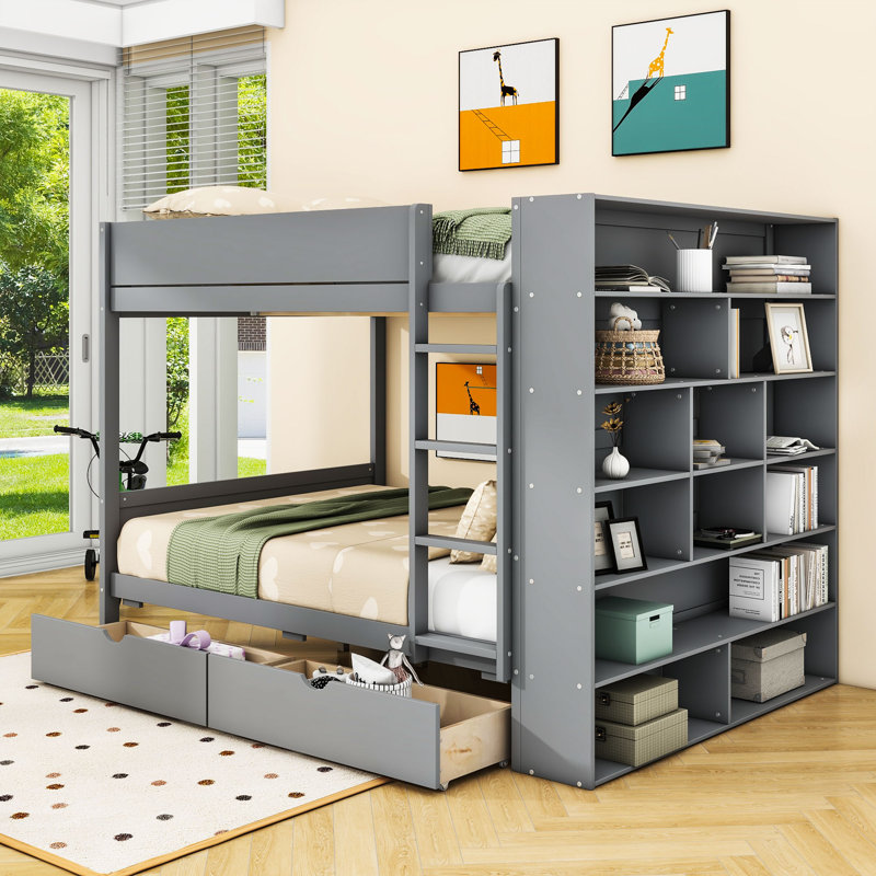 Katsuya Bunk Bed With Storage Drawers And Shelves, Gray, Full over Full