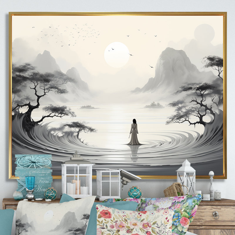Jardin zen sur toile, H 30 po x l 40 po x P 1,5 po, Cadre flottant doré