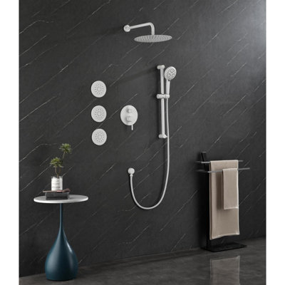 Shower System With Shower Head, Hand Shower, Slide Bar, Bodysprays, Shower Arm, Hose, Valve Trim, And Lever Handles