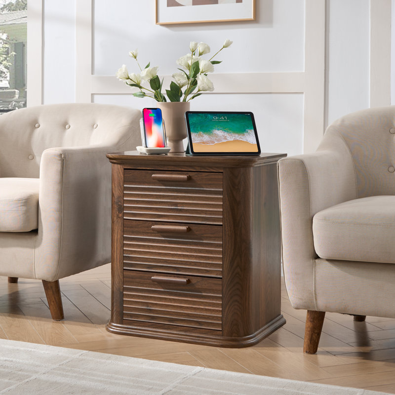 22" Large Tabletop Round Corner Nightstand with Charging Station Fluted Design with 3 Drawers, Brown