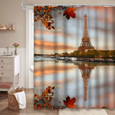 Rideau de douche Eiffel à feuilles d'automne avec 12 crochets Tour Eiffel France