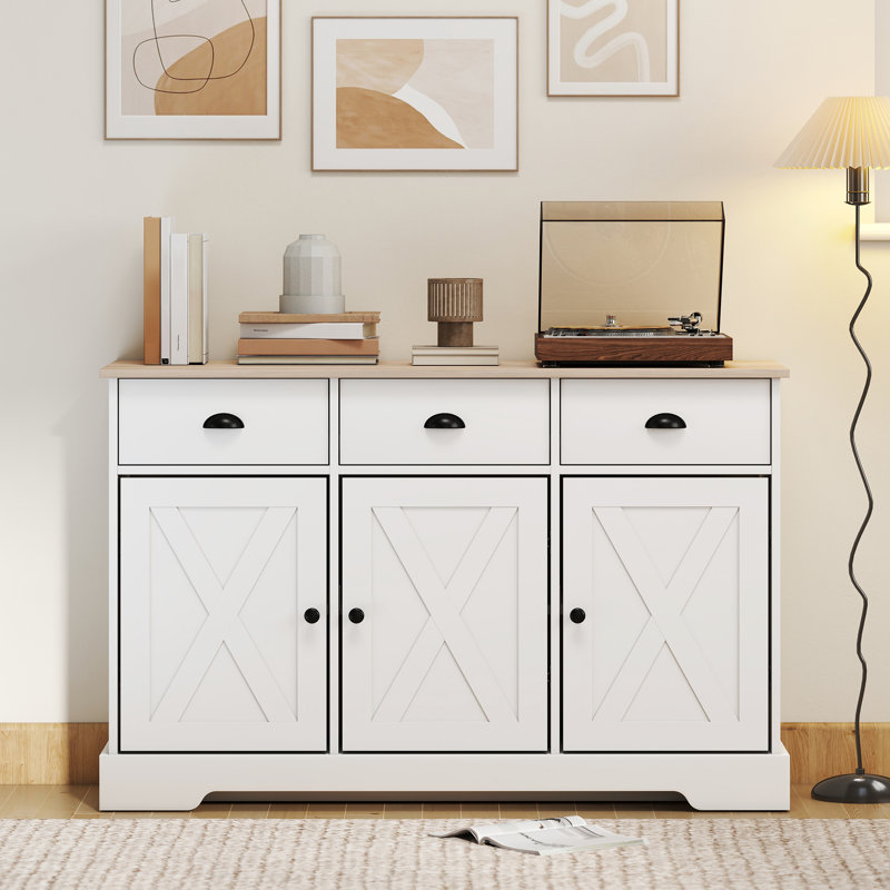 Buffet 46,5 "avec 3 portes de grange et 3 tiroirs - blanc