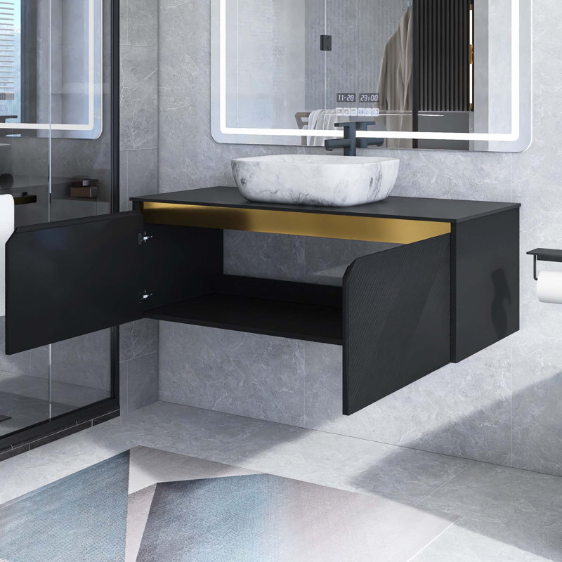 Meuble-lavabo mural en contreplaqué avec vasque, portes doubles en sergé avec garniture en métal, Noir, Noir