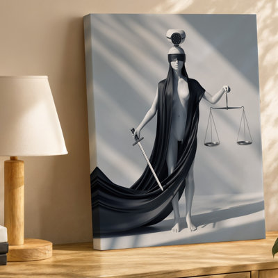 Canvas In A Striking Monochromatic Composition A Stylized Female Figure Embodies Wall Art Justice Blindfolded And Crowned With A Sleek Canvas Wall Art