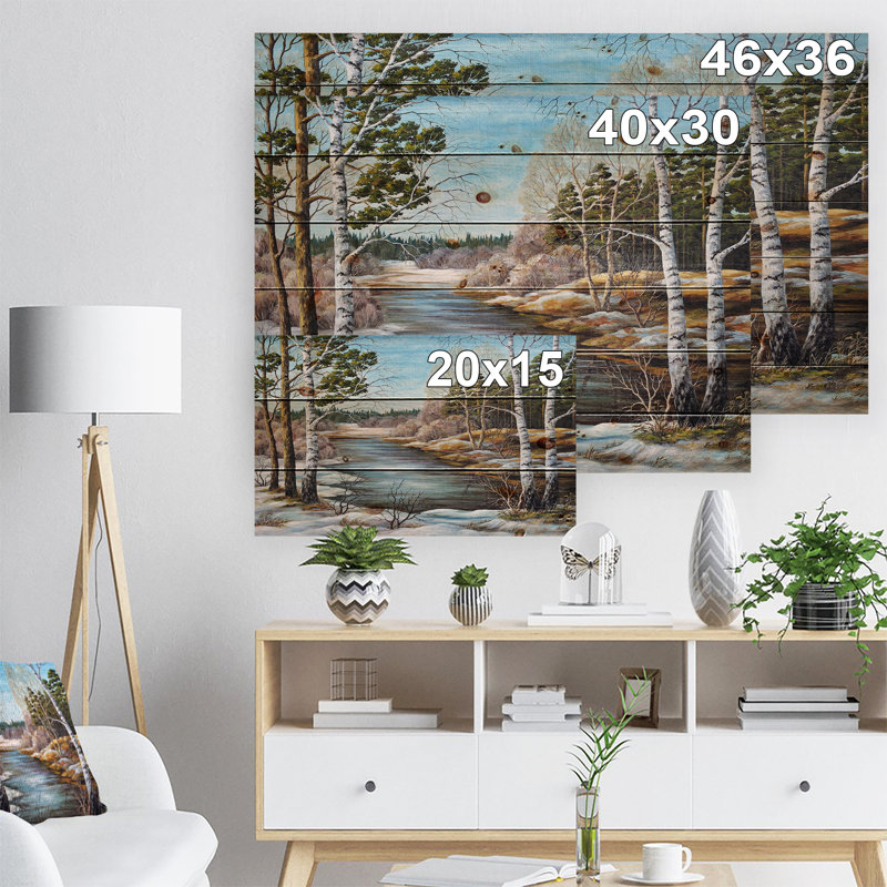 Schafer «The Spring Siberian River», peinture, H 15 po x l 20 po x P 1 po, Bois naturel