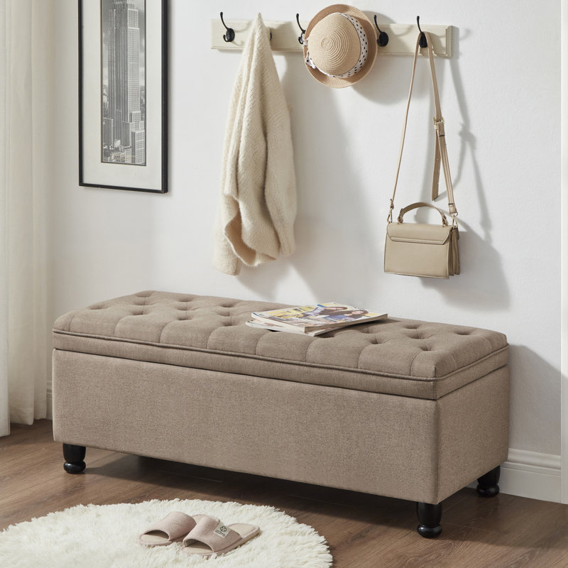 Upholstered Tufted Button Storage Bench, Linen