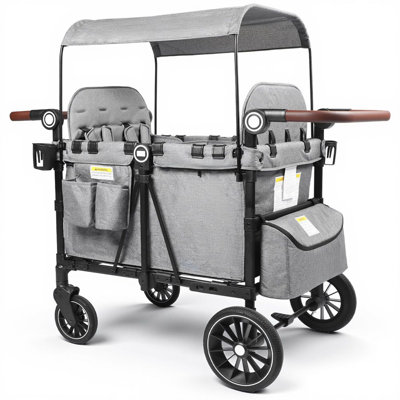 4-Seater Foldable Wagon Stroller with Canopy and Adjustable Handle for Kids, Gray