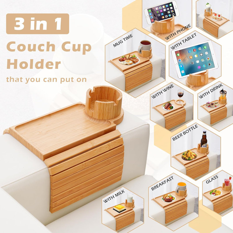 Couch Cup Holder Tray, 3 in 1 Couch Arm Trays