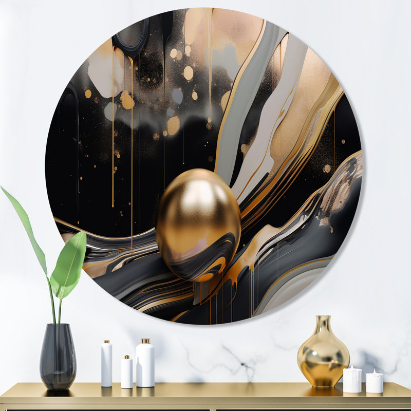 Or et marbré noir Euphoria II - marbre abstrait, art mural rond en métal, H 36 po x l 36 po x P 1 po