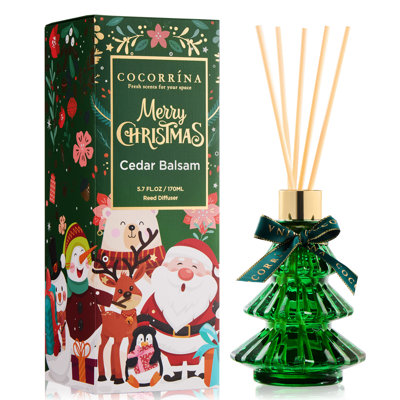 Cedar Balsam Reed Diffuser, 5.7 fl oz Green Christmas Tree with Bow, Holiday Home Decor, Christmas Gift for Friends and Family