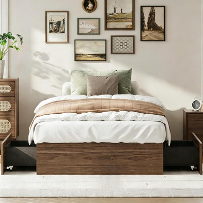 Lit plateforme double XL avec 2 tiroirs de rangement, lit en bois avec rangement