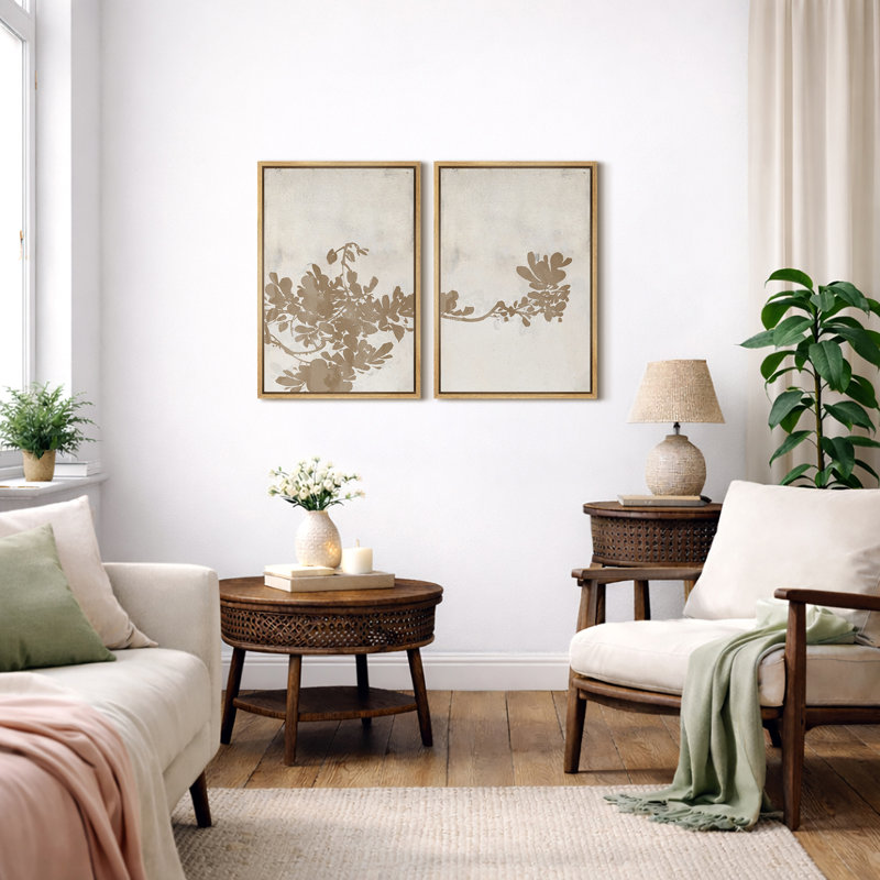 Leaves "Distressed Tan Brown Neutral Artwork, Classic Minimalist Wall Pictures, Framed Canvas Giclee Print 2 Pieces Wall Art Set" 16x24x2 pcs, 24x36x2 pcs