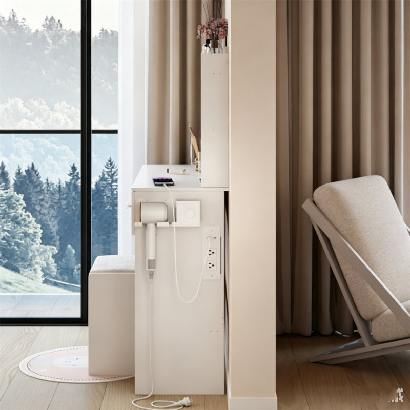 Ensemble de coiffeuse ronde à DEL avec tabouret rembourré, miroir à intensité variable 3 couleurs tactile, 2 prises CA et 2 prises USB intégrées, grand plateau de table et rangement multicouche