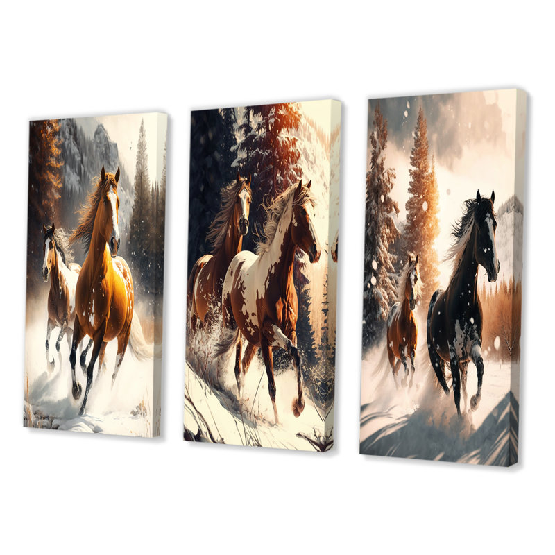«Wild Horses Galoping Winter Scene I», 3 pièces sur toile, Toile tendue, H 20 po x l 36 po