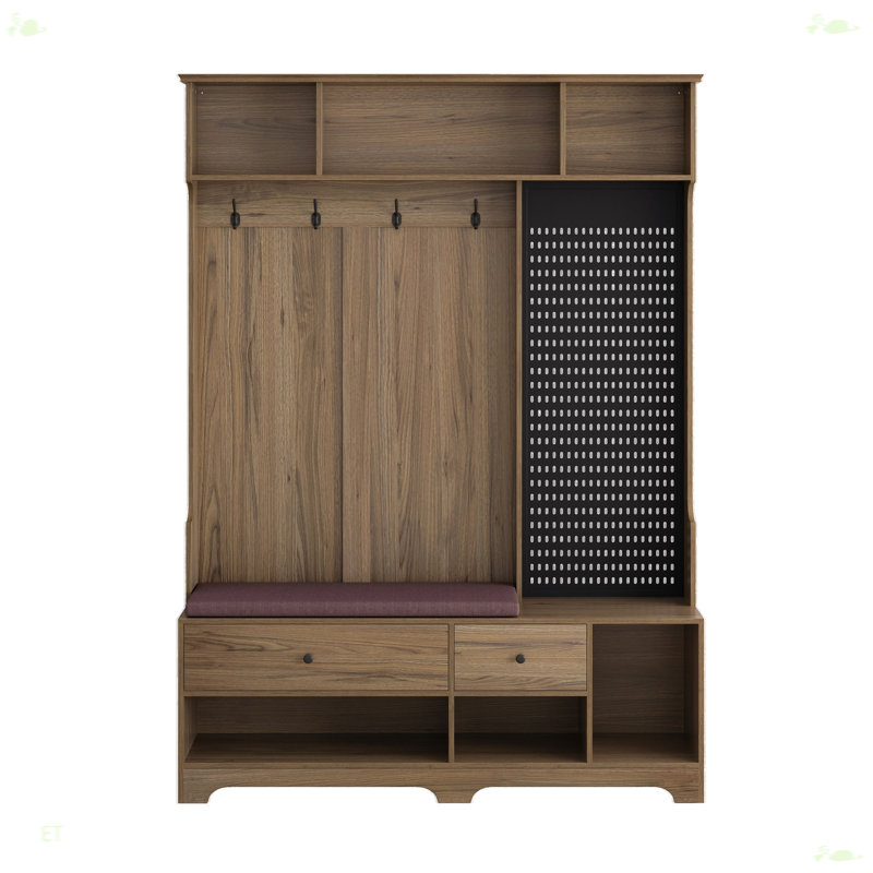 Multi-Purpose Hallway Hall Tree With Removable Linen Cushioned Entryway Bench, Brown