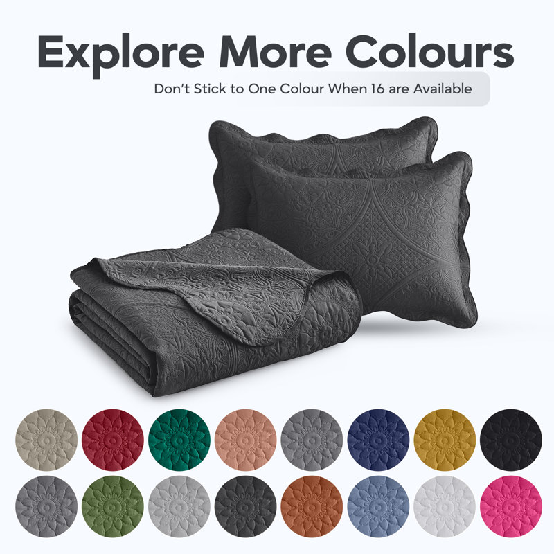 Floral Embossed Quilted California King 3-Pieces Bedspread Set With Pillow Shams – Lightweight & Machine Washable, Charcoal