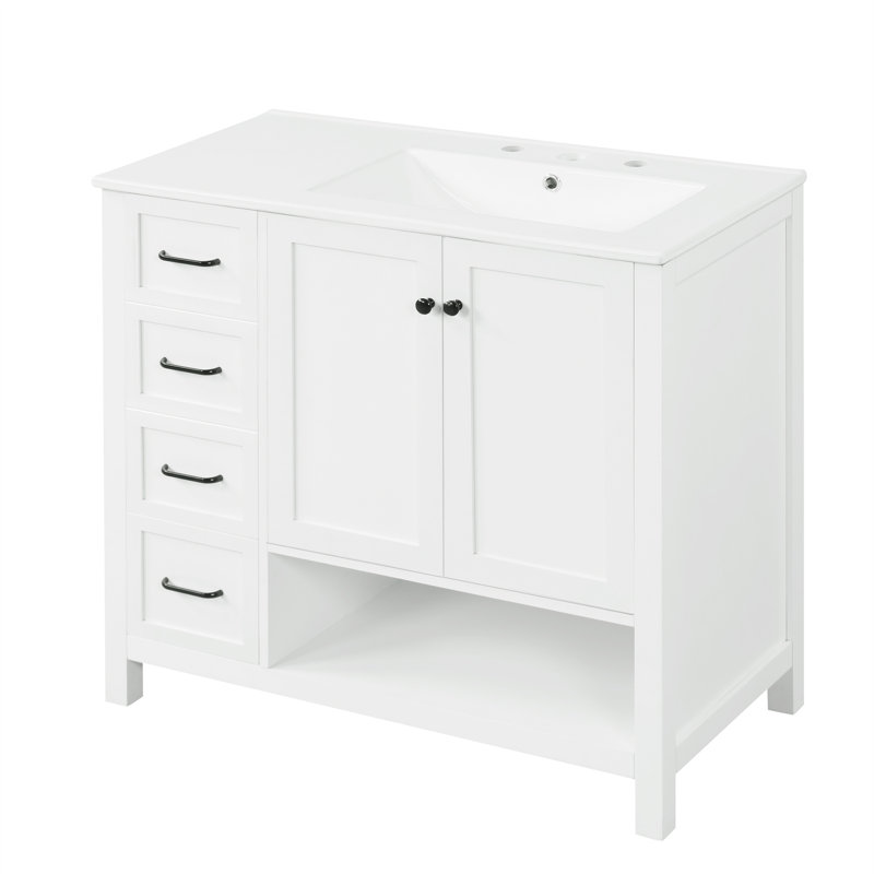Meuble-lavabo simple 36 po avec plateau en céramique Stellamae, Blanc