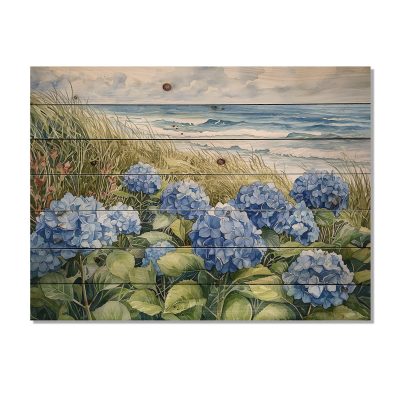 Hortensias dans le jardin côtier III - décoration murale en bois d'hortensias - sur bois de pin naturel, H 30 po x l 40 po