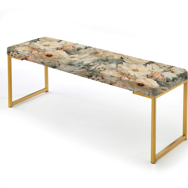 Upholstered Gold Bench, Beige Vintage Country House Flower Harmony II