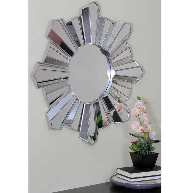 25" Sunburst Wave Glass Round Wall Mirror in , Silver