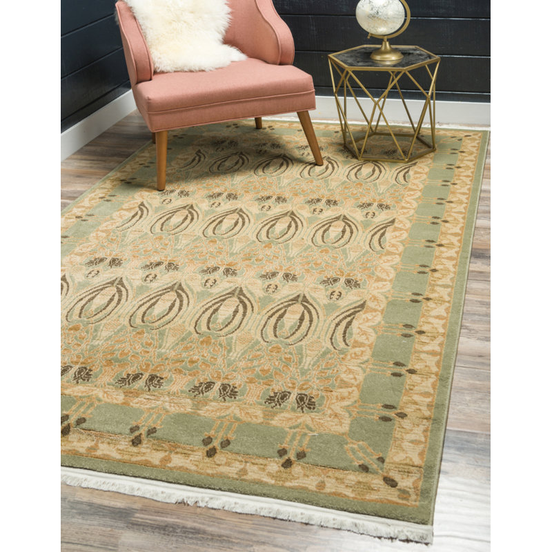 Tapis touffeté ikat Moore en vert clair / beige, Rectangle 5 pi 1 po x 8 pi