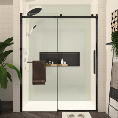 56 - 60"W X 76"H Bathroom Shower Door, Tempered Glass, Matte Black Fittings, Smooth Sliding Experience, Easy Maintenance Coating, Contemporary Style Glass Enclosure, 76"H, Design, Hardware, Movement,