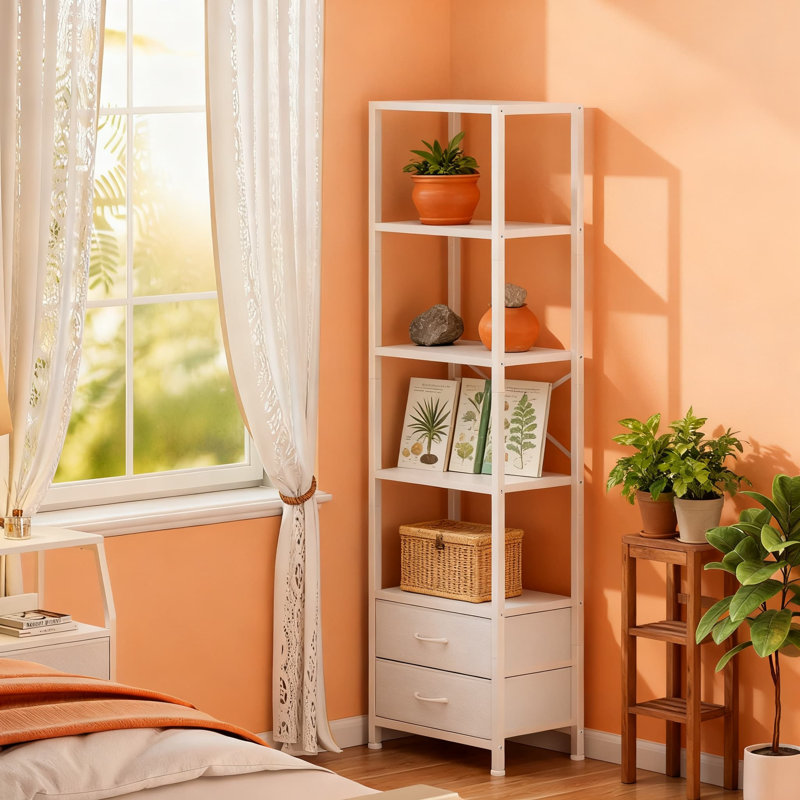 Bibliothèque d'angle à 5 niveaux avec 2 tiroirs en tissu, grande étagère de rangement étroite pour le salon, la chambre à coucher, le bureau, l'armature en métal et les étagères en bois