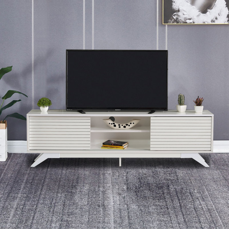 Meuble télé avec rangement 2 portes en bois massif Kely, Blanc