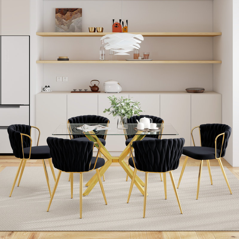 Modern 47.24-Inch Rectangular Glass Dining Table Set With Velvet-Upholstered Armchairs, Space-Saving Dining Furniture Set For Dining Rooms, Kitchens, Breakfast Nooks, Small Spaces, And Apartments