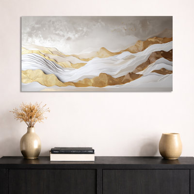 Gold White Gold and White Mountain Soft Horizon Layers – Abstract Framed Canvas Print, Serene Large Wall Art