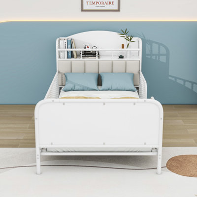 Lit plateforme simple en métal avec éclairage DEL, tête de lit tapissier, tablettes coulissantes et garde-corps
