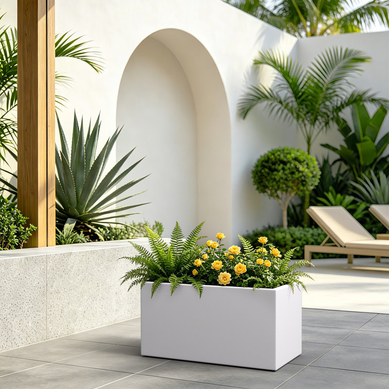 23 Inch Rectangle Concrete Planter, Ideal For Succulents & Houseplants, Bright White, Bright White