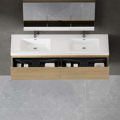 Ensemble de meuble-lavabo flottant 72 po avec lavabo 72 po, meuble de rangement mural moderne à rayures avec tiroir à fermeture en douceur et double surface blanche brillante, chêne naturel CM-24V16-72NOW