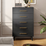 Jakyria 5-Drawer Tall Chest with Modern Black Finish, Metallic Handles, Engineered Wood Construction, Anti-Tilt Design