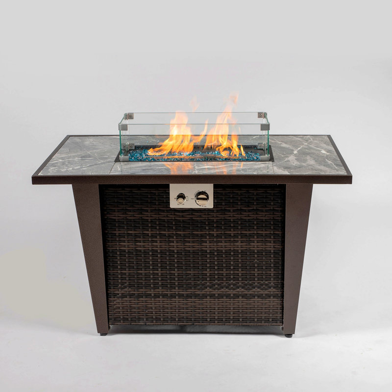 Rossalind Rectangle Wicker Propane Fire Pit Table